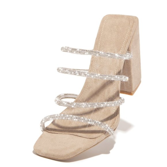 🔥Nude Rhinestone Strap Chunky Heel Mule Sandal - Picture 2 of 8